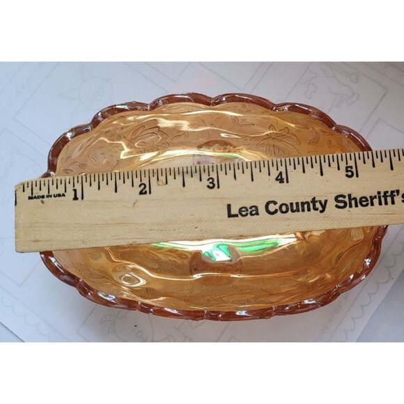 Vintage Jeanette Flora Amber Iridescent Carnival Glass Candy Dish Bowl Small 5" - Picture 7 of 8